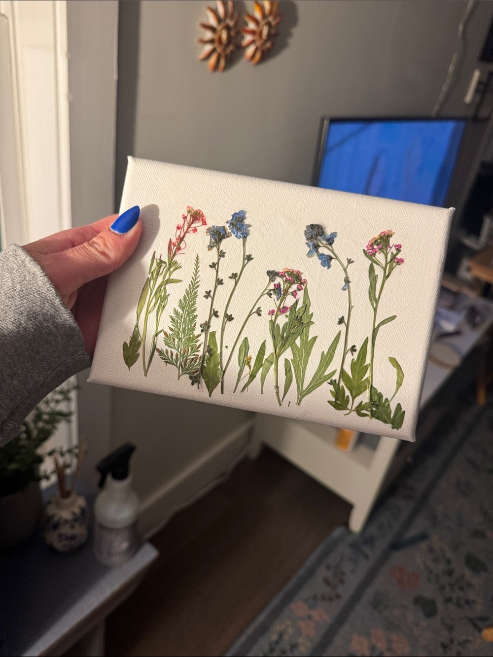 Hand-Pressed Wildflower Canvas Wall Art in White with Blue and Pink Blooms